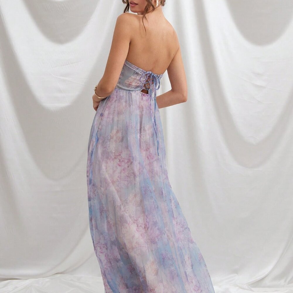 Blue Romantic Floral Women's Maxi Tube Dress - Picture 2 of 5